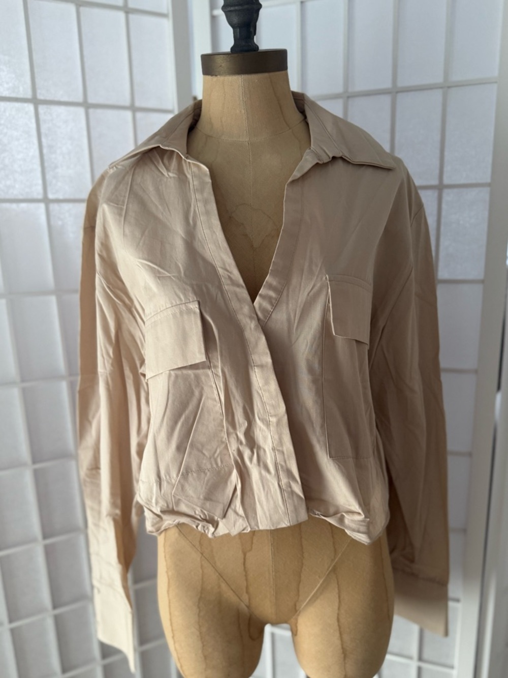 ZARA Cropped Beige Button Down Shirt Relaxed Minimalist Size L NWT